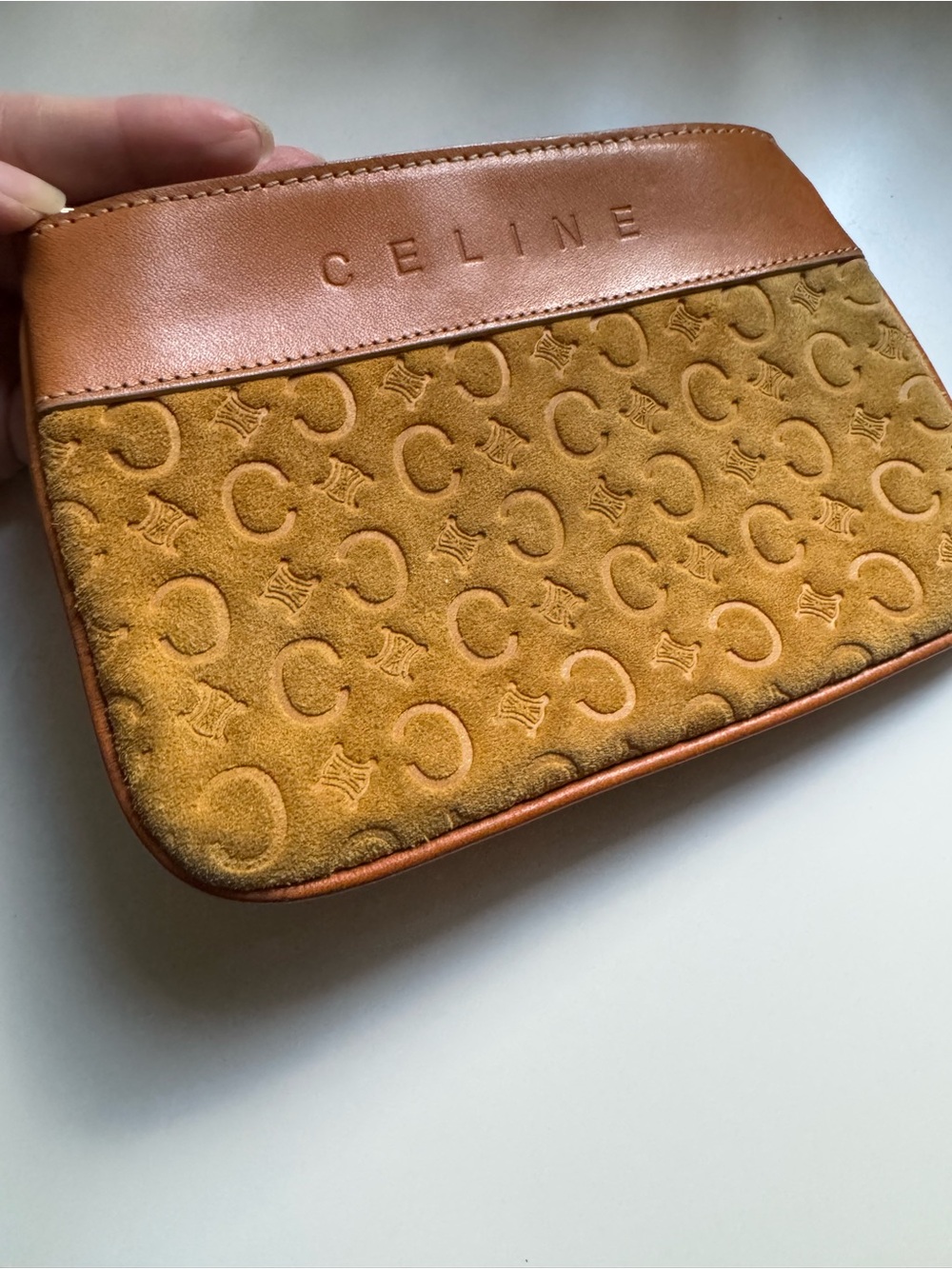 Celine Tan Suede Embossed Logo Wristlet